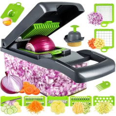 GPS Supply Gemüseschneider Slicer Dicer - 12-in-1 Obstschneider Mandoline Slicer Lebensmittelzerkleinerer / Schneider mit 7 Edelstahlklingen, verstellbarer Hobel & Würfel mit Aufbewahrungsbehälter