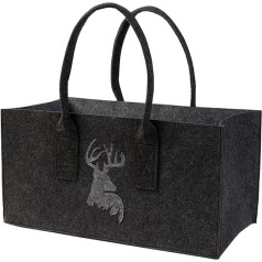 Felt Shopping Basket (Choice of Colour and Motif) I Shopping Bag Foldable with Handle I Market Bag 2 Colours I Shopper with Patch - 50 x 26 x 26 cm (W x D x H), Dark grey / deer