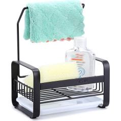 IGNPION Kitchen Sink Caddy Organiser Stainless Steel Sponge Holder Brush Soap Drainer Tea Towel Holder Rack with Plastic Drain Tray (Small, Black)