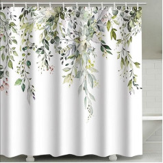 Ezmine Flower Shower Curtain, Waterproof, Plant Bathroom Decoration, Leaves Shower Curtain, Washable, Bathroom Curtain, Decor, Shower Curtain for Bathroom with 12 Hooks, 180 x 180 cm