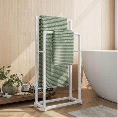 FOUBAM Towel Rail, Hand Towel Rack, Freestanding with 2 Towel Rails, Bathroom Towel Holder, Steel, Bathroom Towel Rail, White