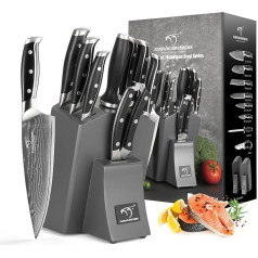 Professionelles Professionelles Japanisches Damaszener Stahl Küchenmesser Set 9 Teile mit Holzblock, beinhaltet Kochmesser, Brotmesser, Santoku Messer, Allzweck- und Schälmesser, alle in einer Geschenkbox Grau