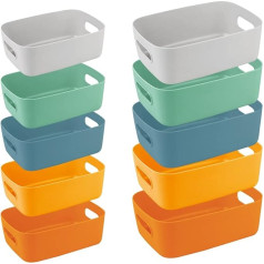 Pack of 10 Plastic Storage Boxes, Stackable Storage Organiser Basket Boxes with Handles for Kitchen, Cabinet, Office, Bathroom, Toy, Home Tidy Open Storage Bins with Handles, 2 Sizes