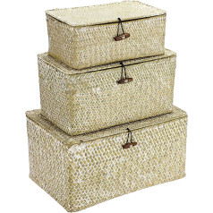 IGNPION Extra Large Natural Seagrass Wicker Storage Baskets With Lid - White