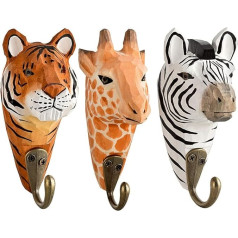 your castle 3 Wall Hooks Wooden Giraffe Zebra Tiger with Metal Hooks Handmade 13 cm Children's Room