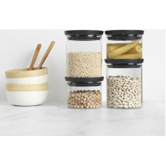 Brabantia Set of 4 Stackable Storage Jars (2 x 0.3L + 2 x 0.6L) Heat Resistant Microwave Safe Dishwasher Safe Food Jars for Kitchen Dark Grey (217463)