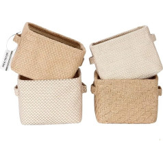 Sea Team 4.5L Mini Size Jute Storage Basket 4pcs Square Box with Double Handles Table and Room Small Items Storage Expert, 20 x 16 x 15 cm / 7.9 x 6.3 x 5.9 Inches