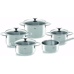 Fissler Copenhagen nerūsējošā tērauda 5 gabalu pannu komplekts, pannu komplekts ar stikla vāku, indukcijas, visām plītīm (3 pannas, 1 panna sautēšanai, 1 panna bez vāka)