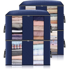 90L Large Storage Bag, Foldable Underbed Clothes Storage, Storage with Reinforced Handle, Underbed Storage Bags for Duvets, Clothes, Blankets, Quilts (Dark Blue, Pack of 4)