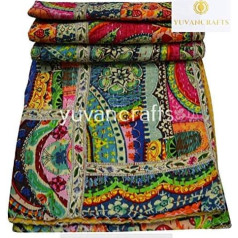 Yuvancrafts Patchwork kokvilnas Kantha sega - Indijas tradicionālā ar rokām darinātā gultas veļa Vintage stila daudzkrāsaina sega (dubultā (60