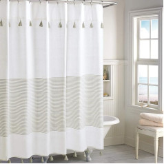 Peri Home Panama Stripe Boho Farmhouse Tassel Shower Curtain 100% Cotton Fabric Shower Curtain with Tassels for Bathroom Decor, 72 x 72 Inch, Taupe