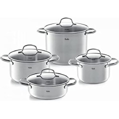 Fissler San Francisco 4 gabalu nerūsējošā tērauda pannu komplekts ar stikla vāku, indukcija (3 pannas un 1 panna sautēšanai)