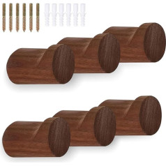 Wooden Coat Hooks, Round, Modern Decorative Minimalist Multi-Purpose Wall Hooks, Walnut Wood Vintage Wooden Hooks, for Coats, Backpacks, Scarves, Clothes, Pack of 6, with Screws (Brown)