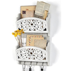 JAZUIHA Rustic Wall Newspaper Rack - koka pasta šķirotājs ar atslēgu āķiem - žurnālu turētājs sienas organizators priekšnamam - ar 2 vēstuļu paplātēm pastam un žurnāliem - Vintage White