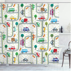 ABAKUHAUS Cars Shower Curtain Children Traffic Fabric Fabric Bathroom Decoration Set with Hooks 175 x 200 cm Multicoloured