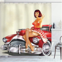 ABAKUHAUS Pin up dušas aizkars, klasisks retro automobilis, auduma vannas istabas apdares komplekts ar āķiem, 175 x 180 cm, daudzkrāsains