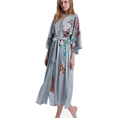 Prettystern Sieviešu grīdas garuma 100 % zīda satīna kimono kleita nakts kleita Yukata Robe