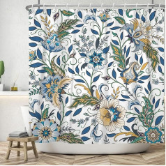 ASDCXZ Ziedi dušas aizkars 180 x 180 cm, pavasara Vintage Blue Yellow Boho Ziedi Green Leaves White Vannas mazgājams dušas aizkari poliestera tekstila ūdensizturīgs vannas aizkars vannai ar 12