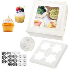 AFASOES Iepakojumā 20 kēksu kastes 4 kēksu kastes ar logu Cupcake Transport Box White Cake kastes ar logu uzlīmi 85 m kokvilnas virves kartona kēksu kaste cepumiem Cake deserts (16 x 16 x 16 x 16)