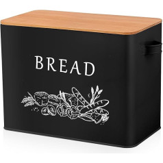 Homikit Bread Bin, Large Metal Bread Box with Lid, Black Bread Container for Bread, Long Storage with Wooden Lid & Chopping Board, Bread Storage Box & Keeping Fresh, 33.3 x 18.3 x 24.6 cm