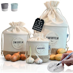 Glückstoff® Nachhaltige Kartoffel Aufbewahrungsbox [Beschriftbares 3er-Set] | Zwiebel Aufbewahrung Knoblauch Zwiebel-Topf Küchenhelfer Stoff Vorrats-Behälter Bad Heimbrau-Sets | Lagerung Beige