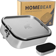 HOMEBEAR® Nerūsējošā tērauda pusdienu kārba | 1200 ml pusdienu kārba | Komplekts ar kastīti mērcēm | Bīdāmā starpsiena | Izturīga pret noplūdi un nesatur plastmasu | Pusdienu kārba