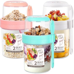 3 Pack 2-Tier Breakfast Cups, 310ml + 560ml Yogurt Pots with Lid and Spoon, Reusable Oat Container, Breakfast Pot To Go Cereal Fruit Salad Glasses Split Oats Yogurt Cups