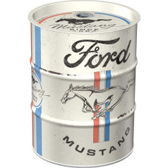 Nostalģiska mākslas retro 600 ml Ford Mustang naudas kaste - zirgu un svītru logotips - dāvanu ideja Ford piederumu faniem, metāla cūciņu banka, retro skārda naudas kaste