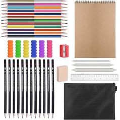 38-teiliges Skizzierstifte und Zeichen-Set mit Aktenbeutel, Kritzelstift, Lineal, Buntstift, Radiergummi, Skizzenbuch, Bleistiftspitzer, Stifthalter und Bleistift für Kinder, Erwachsene, Anfänger