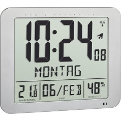 TFA Dostmann radio vadāms digitālais pulkstenis, 60.4516.54, ar istabas klimatu, rakstītu nedēļas dienu (10 valodas), 2 modinātāja funkcijas, kā galda pulkstenis vai piekārts, sudraba krāsā, (L) 248 x (W) 25 (73) x (H)