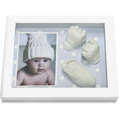 3D Abdruck Baby mit Bilderrahmen Holz, Fotorahmen Tief mit Glas, Abdruck Baby Hand und Fuß, für Baby Born (Blau mit Polka-Punkten, 25 x 20 x 5 cm)