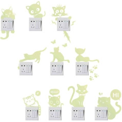 Cisixin Pack of 10 Creative Luminous Stickers Fluorescent Stickers Cute Cat Light Switch Stickers Dekoratīvās uzlīmes Cat Styling Pašlīmējošās uzlīmes slēdža dekorācijām