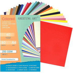 GREETING ART Krāsains papīrs A4 250 g I 80 loksnes Cietā amatniecības papīra I Izturīga krāsaina karte amatniecībai I Foto karte 40 krāsas I DIY krāsains krāsains papīrs I Amatniecības karte