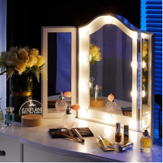 LUXFURNI Hollywood Triple Mirror Makeup Mirror with 10 LED Light Lighting, 3 Sides Foldable Cosmetic Mirror Dimmable Light Table Mirror (White)