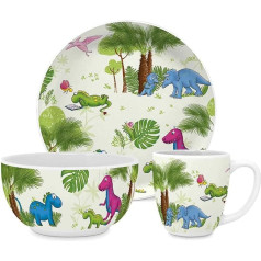 PPD Paper Products Design 604799 Bērnu trauku komplekts ar 3 šķīvjiem diametrs 21 cm / bļoda 12 krūzes 250 ml Bērnu komplekts no jauna kaulakmens porcelāna ar motīvu Dinoss