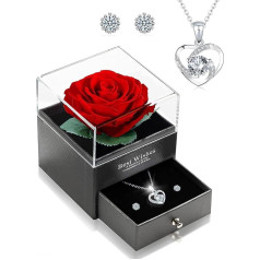 Aucaer Ewige Echte Rose mit Blättern, mit Einer Herz Halskette und Ewigen Ohrstecker Geliefert, Geschenkbox für Ewigen Rosenschmuck, für Jubiläen Muttertag Valentinstag und Weitere Anlässe Geeignet