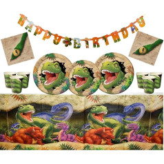 Dinozauru ballītes piederumi Dino Blast Happy Birthday Celebration 16 viesi - Dinozauru galda piederumi Dino Plate Plate Cup Salvetes galdauts