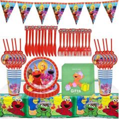 Sesame Street Party galda piederumi Tomicy 72 gab Sesame Street Bērnu dzimšanas dienas galda dekorēšana Bērnu dzimšanas dienas svinību baneris T šķīvji tases tasītes salvetes galdauts nazis dakša 10 viesiem