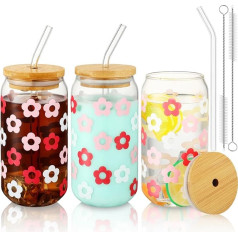 Vesici 3 Stück 473 ml Gänseblümchen-Farbwechsel-Becher mit Deckel und Strohhalmen, Abschluss-Geschenke, Eiskaffee-Glasbecher mit Bambusdeckel und Glasstrohhalm, Freunde, Geschenke für Cocktails,