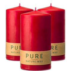 Hyoola Pure Natural Pillar Candles - 100% dabīgā vaska sveces - nesatur parafīnu - diametrs 7 x 13 cm - sarkanas sveces, kas deg ilgi - iepakojumā 3 gab.