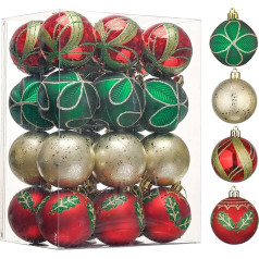 Valery Madelyn Christmas Baubles Plastmasas 24 gabali 6 cm nesadalās Ziemassvētku eglīšu baubles Sarkans Zelts Zaļš Ziemassvētku rotājumu komplekts ar pakaramo Lauku ceļa tēmu Sarkans Zaļš Zaļš Zelts Zelts