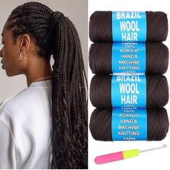 Samtress 4 Roll tumši brūns Brazīlijas vilnas matu akrila dzija Āfrikas tamborēšanas pīnes/Senegālas Twist/Faux Locs/Senegālas Twist/Jumbo pīšana/Twist Wraps ar adīšanas tamborēšanas pīnes (#4)