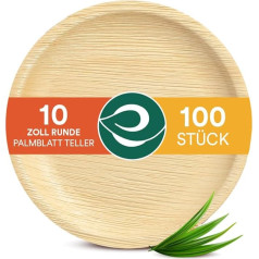 Eco Soul 100% kompostējami 25 cm apaļi palmu lapu šķīvji, augstas kvalitātes palmu lapu trauki, izturīgi, ekoloģiski tīri, vienreizlietojami bambusam līdzīgi šķīvji, 100 gab. iepakojumā