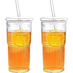 HAILIWEI Glasbecher mit Deckel, Smoothiebecher, Eiskaffeetassen, 2-teiliges Set, Glasbecher mit Deckel und Strohhalmen für Wasser, Smoothies, Saft, Eistee, Getränke, 590 ml