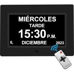 Exmate Digitālais kalendāra modinātājs dienas pulksteņrādis, 7 collu liels LCD displejs, 8 daudzvalodu dienas modinātājs ar 13 modinātāja opcijām, snaudiena funkcija, 2 automātiskās izslēgšanas funkcijas mājām, birojiem, vecākiem cilvēk