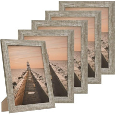 Attēlu rāmju komplekts ar 5 rustikāliem foto rāmjiem 21 x 29,7 cm, A4, koka rāmis fotoattēliem, portreta rāmis ar koka faktūru lauku mājas stilā, pelēks