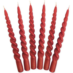 LUMELY Danish Premium Twisted Twisted Candles Sarkanā rūsganā krāsā, 6 sveces, augstums 24 cm, diametrs 2,2 cm, degšanas laiks aptuveni 7 stundas, krāsainas savītas sveces, dekoratīvo sveču komplekts, dāņu sveces (rūsganas)