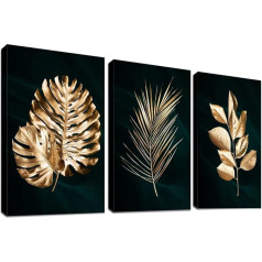 3 paneļi ar rāmi Audekls Pictures Black Gold Palm Leaves Picture on Canvas Painting Plakāts Sienas attēli Sienas apdare Dzīvojamā istaba Guļamistaba Dekorācijas Gatavs pakārt 90 x 40 cm (12 x 16 x 3 gab.)