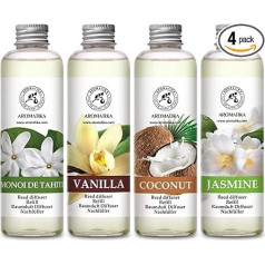 Uzpildes komplekts smaržu difuzoram Monoi de Tahiti & Coconut & Jasmine & Jasmine & Vanilla - 4 x 200 ml - Uzpildes komplekts smaržu difuzoram - Telpu aromāts - Telpu smaržas - Uzpildes komplekts difuzoram - Gaisa uzpilde telpām