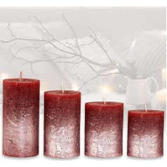 Candelo Vil-92396 4 lauku sveču komplekts Ziemassvētku adventes svece Bordo metālisks sudraba krāsā 8/10/12/14 cm Pillar Candle Adventes vainags svece Ziemassvētku svece Bordo sudraba krāsā